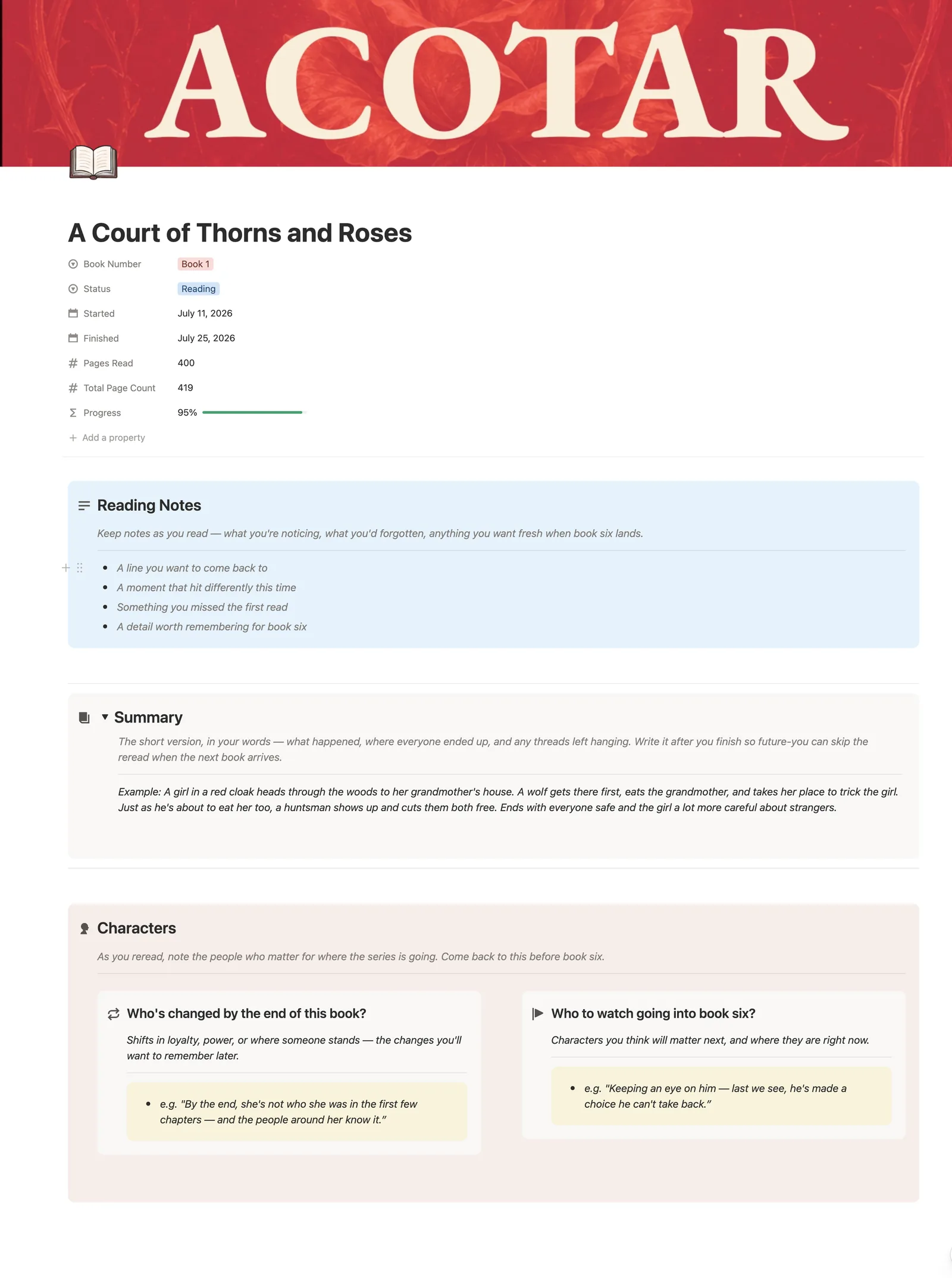 A Court of Thorns and Roses book page — banner, properties, progress, reading notes, summary, and characters